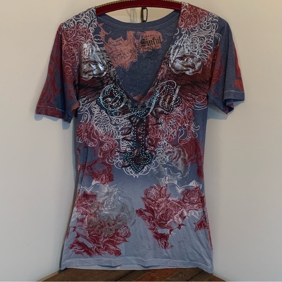 Sinful by Affliction Tops - Sinful by Affliction Rhinestone and Rose Top